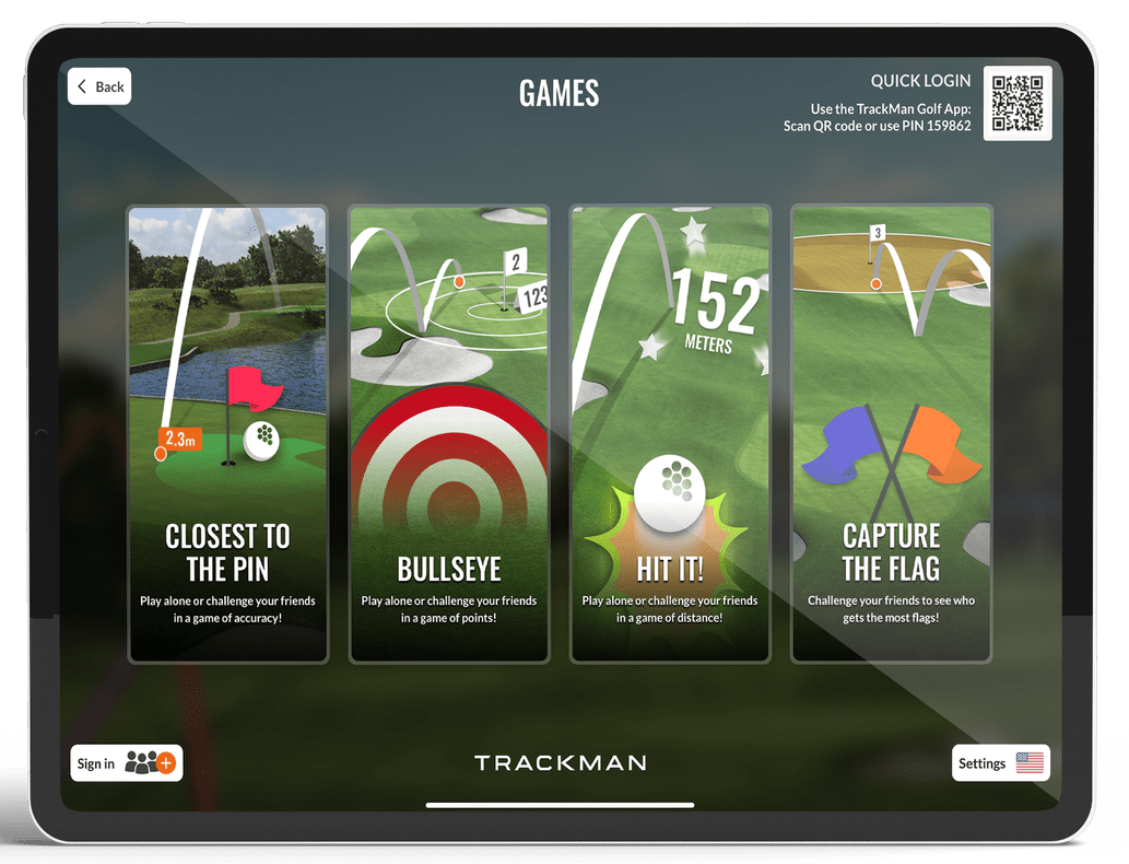 TrackMan golf games menu on tablet screen