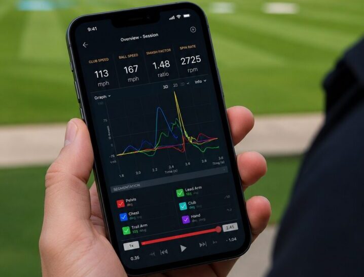 Hand holding phone displaying swing analytics graph