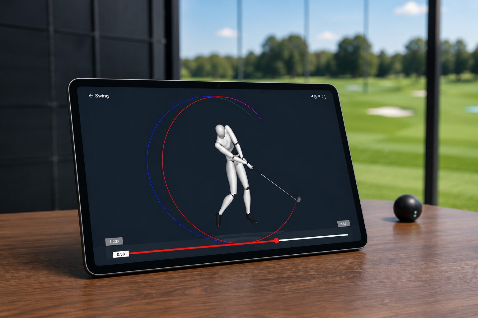 Tablet displaying golf swing animation on desk