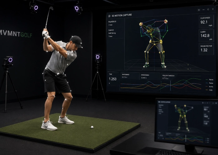 Golfer swinging in indoor motion capture studio