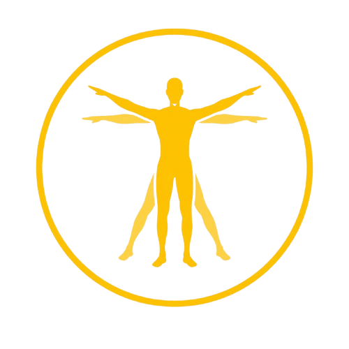 Golden Vitruvian man silhouette inside circle