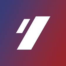 White diagonal geometric logo on gradient background