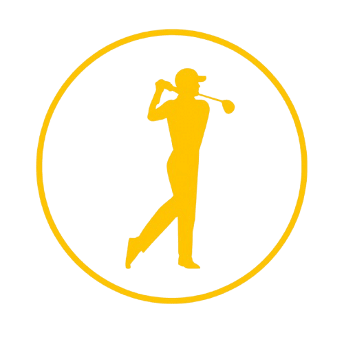 Yellow golfer silhouette swinging inside circle