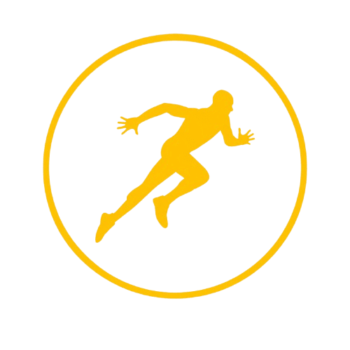 Yellow running silhouette inside yellow circle