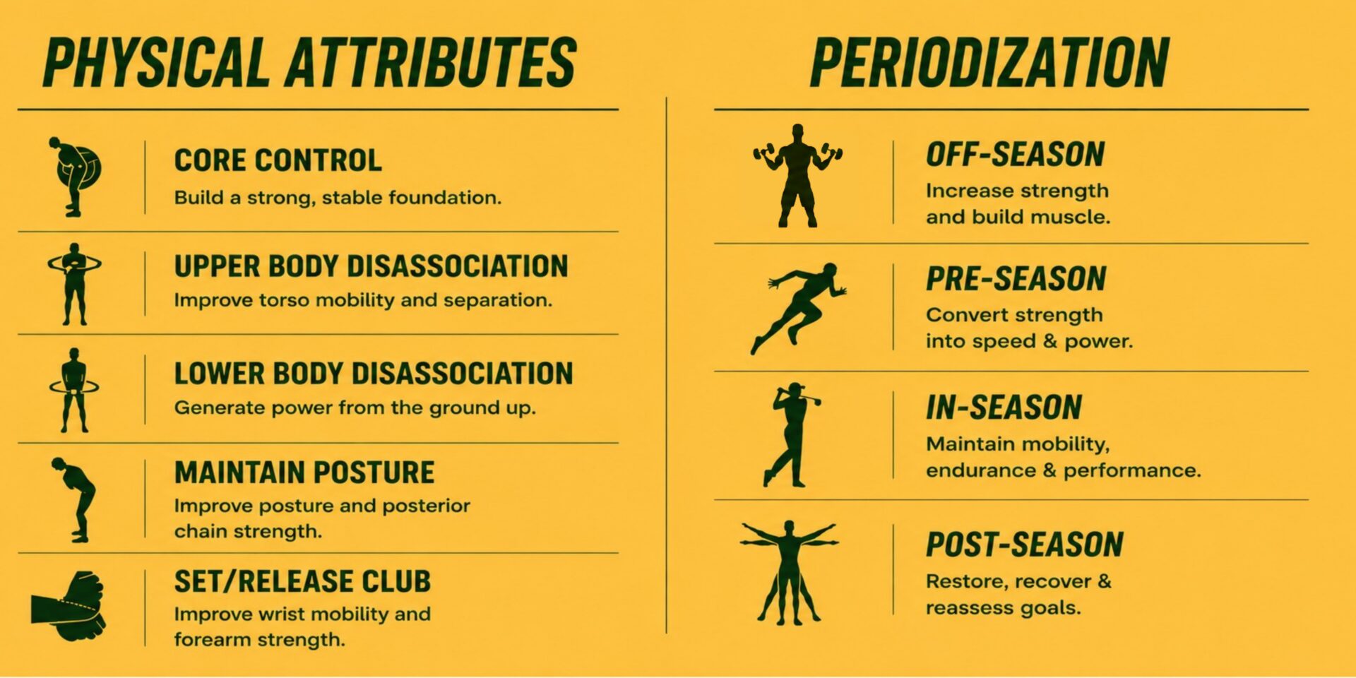 Golf fitness infographic: physical attributes and periodization