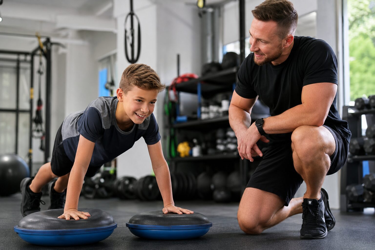 Boy doing balance push-ups with smiling trainer